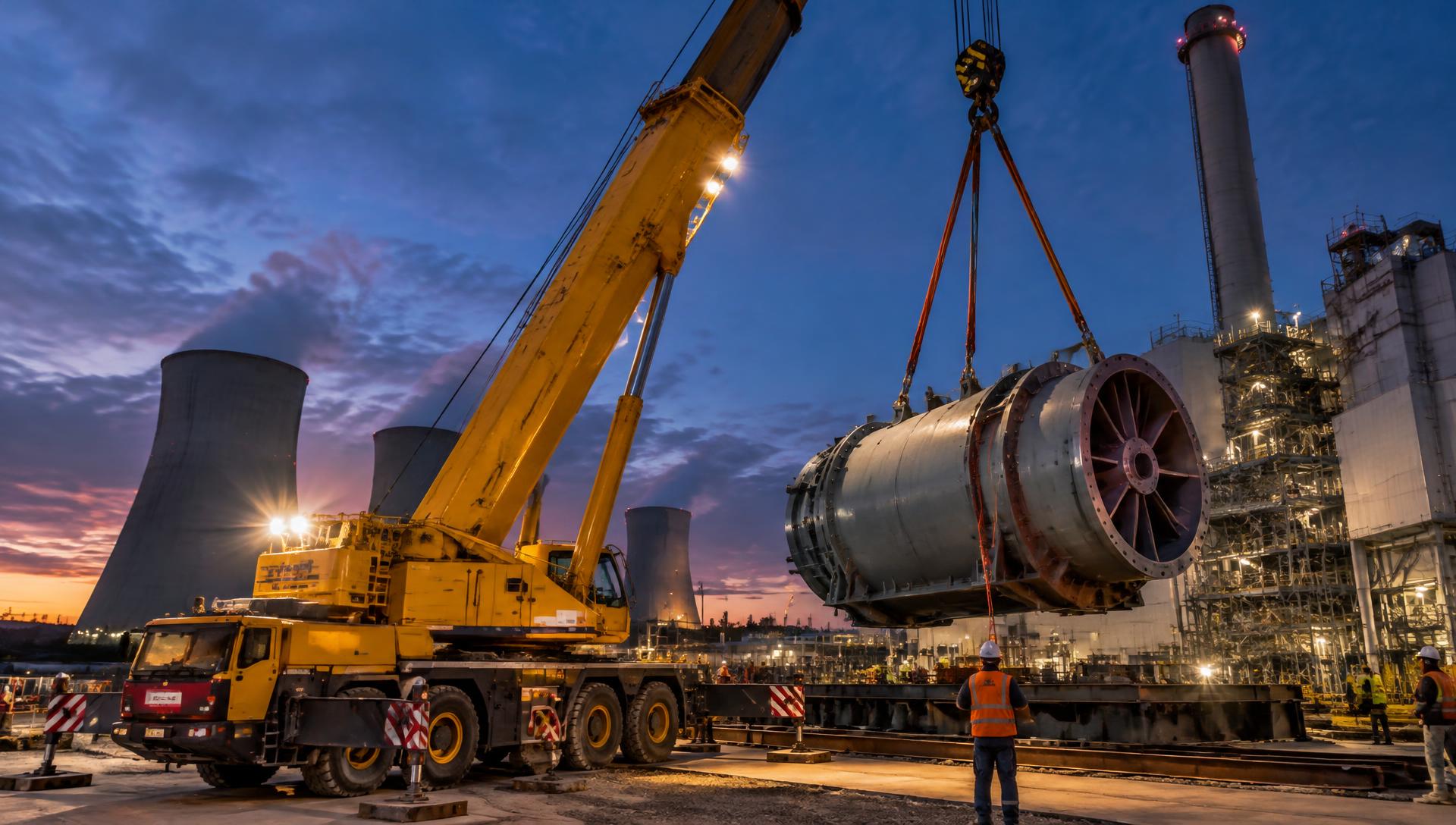 Mobilní jeřáb zvedá rotor turbíny v elektrárně